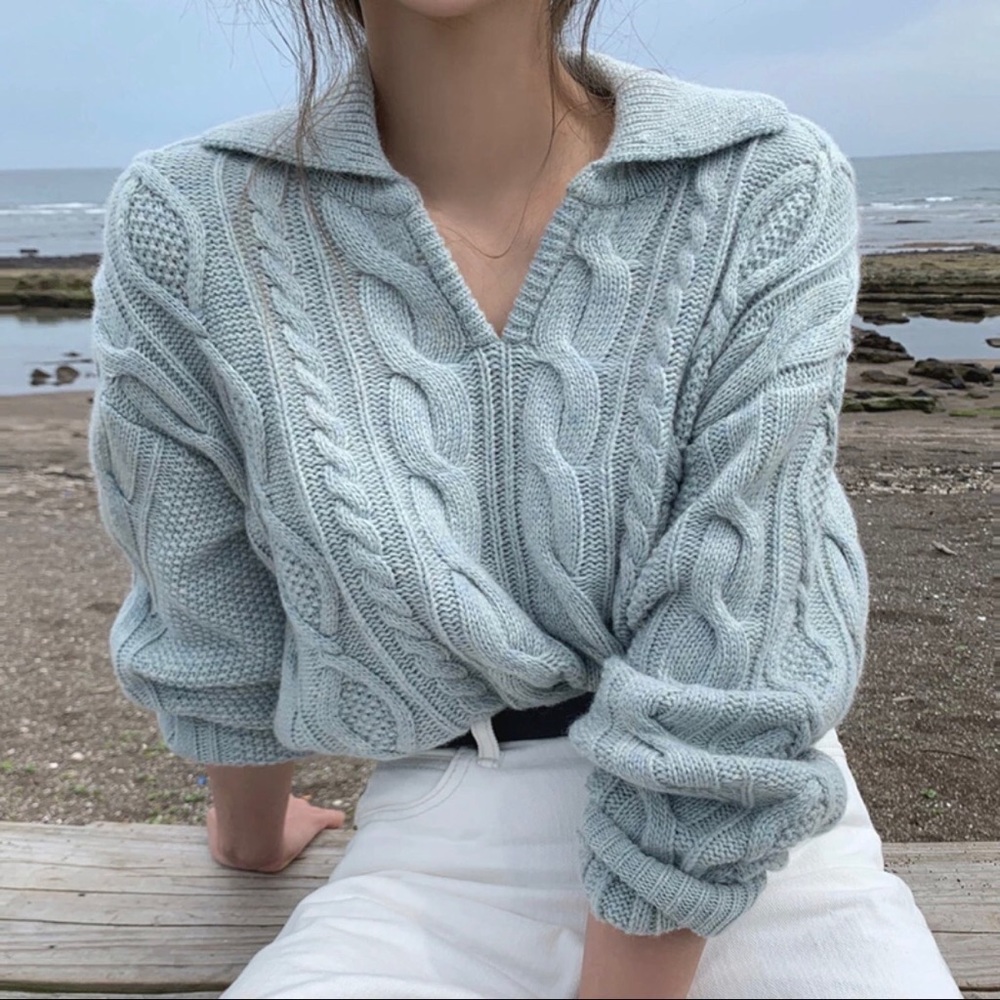 Cable knit sweater collar knit cable knit gray blue long sleeve - Picture 2 of 5